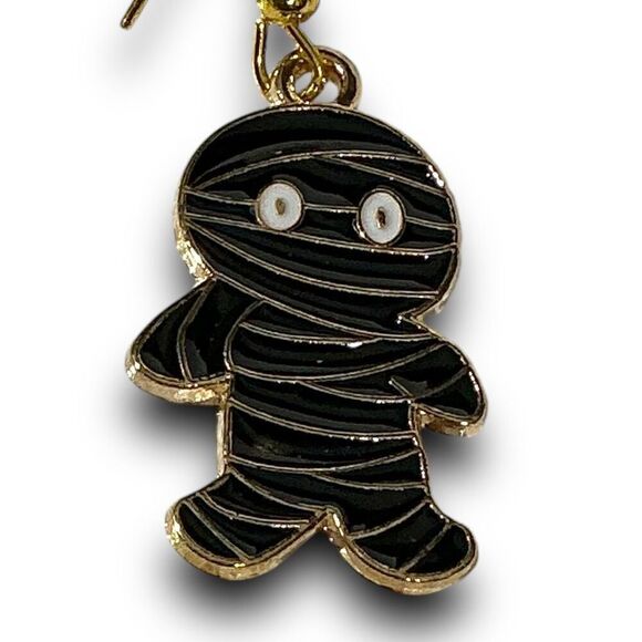 Halloween Mummy Gold & Black Dangle Dangling Halloween Earrings for Pierced Ears - Picture 3 of 4